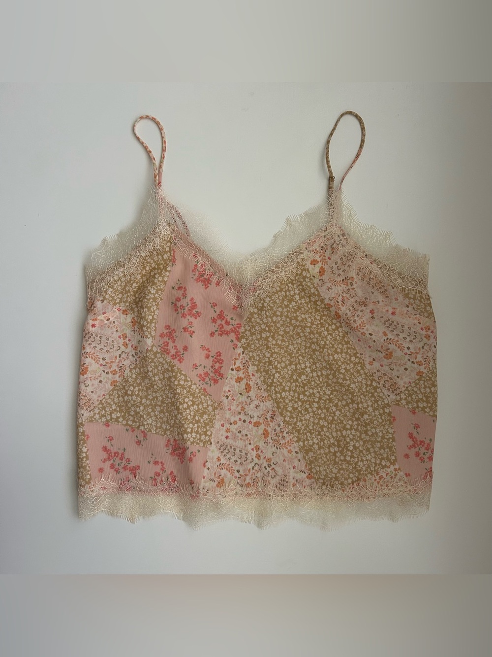 LOFT Floral Patchwork Lace-Trim Cami in Pink and Beige
